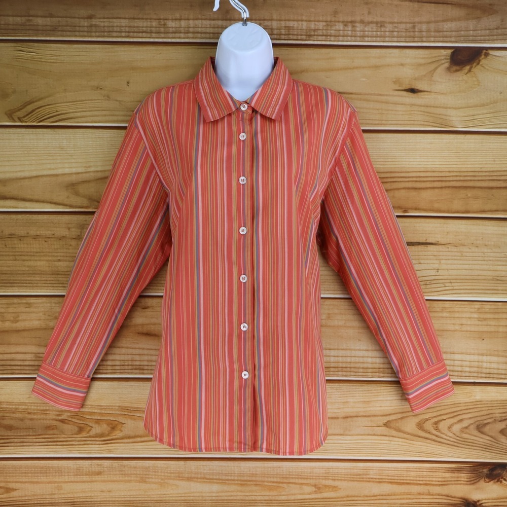 Breckenridge Long Sleeve Button Up Shirt Womens Size XL Orange Colorful Striped‎